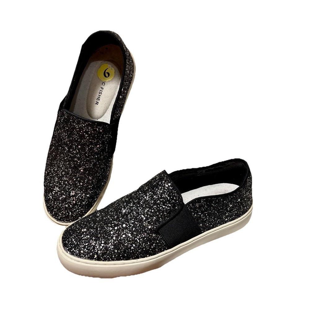 Marc Fisher ChessibBlack Silver Glitter Slip On Sneakers Size 9 Glam Athleisure